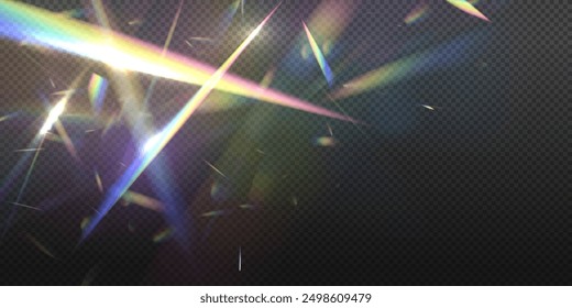 A cluster of colors, bright rays of the spectrum. Glare on a lens, glass, jewelry, or gemstone. Vector realistic illustration set of light leak effect with spectrum glare, prism refraction.	