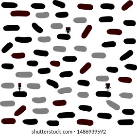 A cluster consists of black circular objects. Several of them are characters.