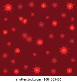 A cluster of COVID-19 viruses on a red background. Concept of harmful bacteria, flu, viruses. Vector illustration.