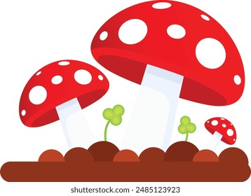 A cluster of crimson fly agarics with distinctive white warts,  growing out of a grassy area.