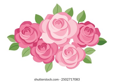 A cluster of delicate pink roses elegantly arranged against a pristine white background, showcasing their soft petals flat vector illustration on white background.