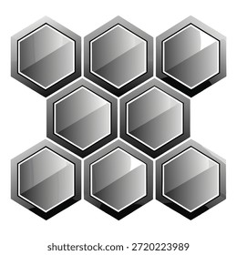 Grupo de ocho Formas hexagonales brillantes con sombreado metálico en objeto abstracto blanco