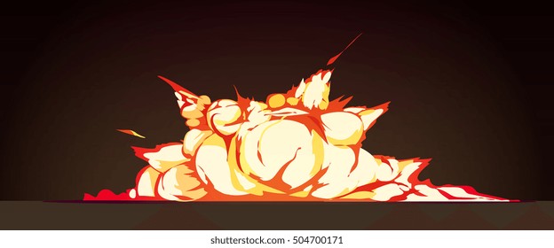 Cluster explosion at night retro cartoon poster with bright flame colored blasts against black background vector illustration  