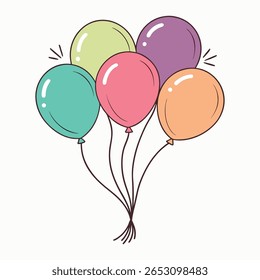 A cluster of five colorful balloons, including green, purple, pink, orange, and teal, are depicted floating against a white background with thin dark strings.