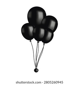 Cluster of five glossy black balloons tied together, floating upward, elegant and somber design element for festive, decorative, or creative projects