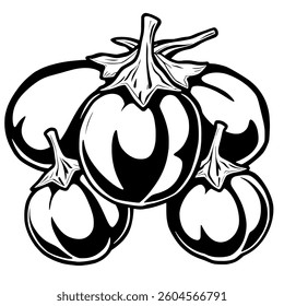 A Cluster Of Fresh Eggplants Bold Black And White Illustration