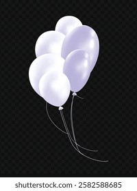 Cluster of glossy white balloons with a subtle shine, floating against a dark, transparent-checkered background. Perfect for celebrations, events, or adding a sophisticated touch to decorative designs