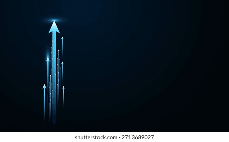 Um conjunto de flechas azuis brilhantes explode, simbolizando rápido crescimento financeiro e inovação digital. Teclas de curvatura azuis digitais no fundo da tecnologia