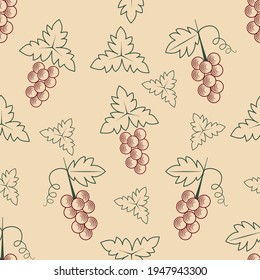 Cluster of grapes with leaves and tendrils seamless pattern