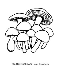 Cluster of Hand-Drawn Mushrooms in Line Art Style