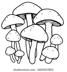 Cluster Of Hand-Drawn Mushrooms Line Art Illustration