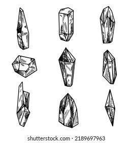 Cluster von handgefertigten Kristallen. Vektormineralgrafik. Steinamethyst oder Quarz. Einzigartiger Naturstein. Geologie-Set.
