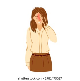 Cluster headache. Exhausted, stressed, overworked young woman, suffering from pain, illness or discomfort, pressing hand to her eye. Vector hand-drawn character.