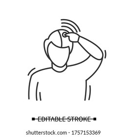 Cluster headache icon. Linear pictogram of male person touching painfully pulsating head. Disease symptom, hypertension sign and health issue concept. Editable stroke vector illustration.