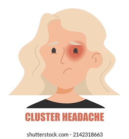 Cluster headache vector isolated. Female portrait, woman suffering from the pain in the eye. Sad face. Stressed character.