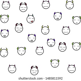 A cluster of horned faces. Some of the characters are unhappy.