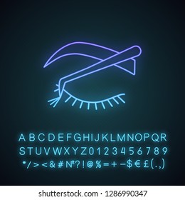 Cluster lash extension neon light icon. Semi permanent or temporary lashes. 3D volume flare lashes. Makeup and beauty. Glowing sign with alphabet, numbers and symbols. Vector isolated illustration