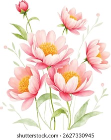 A cluster of light pink flowers with yellow centers, depicted in a watercolor style, is presented against a clean white background.