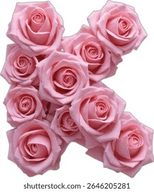 A cluster of light pink roses is artfully arranged to form the capital letter "K" showcasing the delicate beauty of the blossoms against a stark white background.