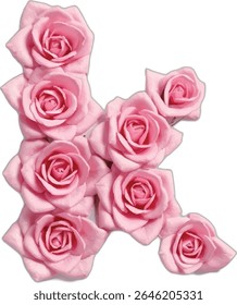 A cluster of light pink roses is artfully arranged to form the letter K, showcasing the delicate beauty and soft hues of the blooms against a stark white background.