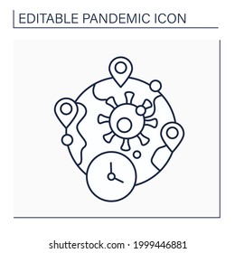 Icono de línea de clúster. Inusualmente grande de las enfermedades de covid19 dentro de una ubicación geográfica particular.Concepto de pandemia. Ilustración vectorial aislada. Trazo editable
