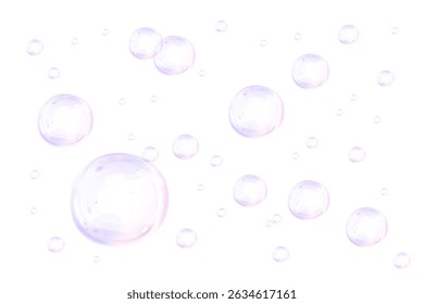 The cluster of liquid balls. Flowing forms on violet. Fluidity in zero gravity. Vector illustration of abstract circles. Modern geometric background for cover, design, poster, wallpaper.