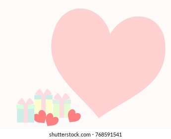 Cluster of lovely gift boxes and three little pink hearts on pastel color tone. Big heart is copy space for texting or writing the word.