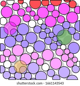 Un grupo de muchos círculos de diferentes colores. Algunas de las formas están en la parte superior y son transparentes.