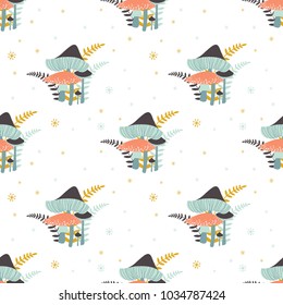 A cluster of mushrooms along with ferns. A simple illustration in muted colors. Vector seamless pattern with forest mushrooms: fly agaric, epaulet and ferns.