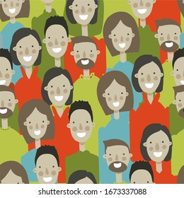 Cluster of people in bright clothes, male and female faces, geometric seamless pattern, vector. For printing on textiles, wallpaper, booklets, web pages.