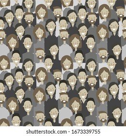 Cluster of people in gray clothes, male and female faces with a smile, geometric seamless pattern, vector. Grey mass. For printing on textiles, wallpaper, booklets, web pages.