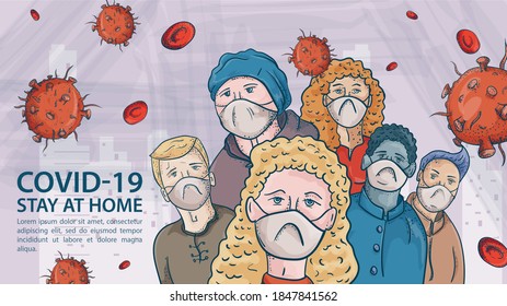 cluster of people in medical masks, among the molecules OF covind coronavirus, and the red virus 2019-nCoV, the Inscription warning contour illustration