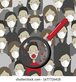Cluster of people in white medical bandages, geometric seamless pattern, vector. The concept of infection in public places, a pandemic. Detection through a magnifier. Wuhan Novel coronavirus 