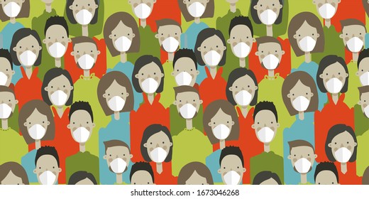 Cluster of people in white medical masks, geometric seamless pattern, vector. The concept of quarantine coronavirus, Coronavirus in China, prevention. A new type of virus (2019-nKoV).