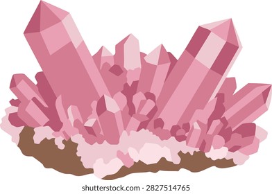 Cluster of pink quartz crystals with rough rock base, isolated on transparent background Vector Illustration
