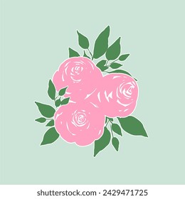 A cluster of Pink Roses in flat style. Vector Illustration.