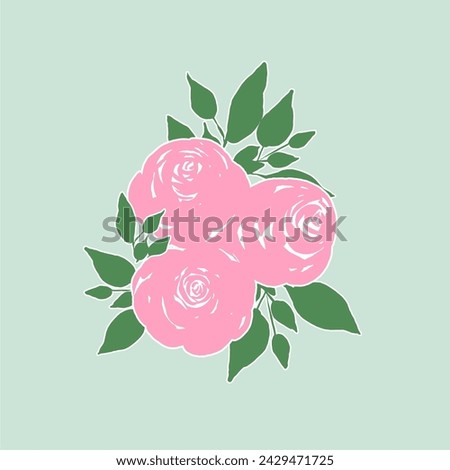A cluster of Pink Roses in flat style. Vector Illustration.