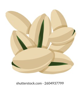 A cluster of pistachios with open beige shells revealing vibrant green kernels inside. The smooth, natural texture highlights their rich and nutty essence.

