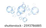 A cluster of realistic, colorful soap bubbles floats gently, showcasing light refractions and reflections. The smooth, transparent spheres create an airy, delicate aesthetic.