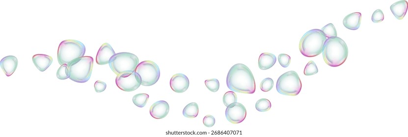 Las burbujas de jabón de colores realistas flotan suavemente, las esferas transparentes iluminan las refracciones y los reflejos.