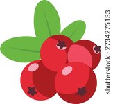 Cluster of red cranberries with green leaves, fresh and healthy berries illustration, simple flat design