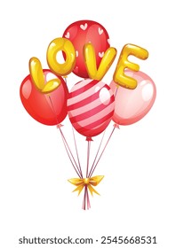 Cluster of red, pink, and striped balloons with “LOVE” letters tied with a ribbon. Vector cartoon illustration