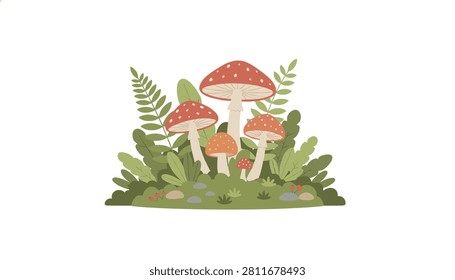 Cluster of red and white spotted mushrooms nestled among lush forest foliage and fern leaves in a charming woodland setting.