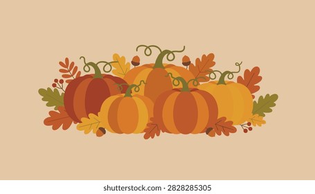 Cluster of ripe pumpkins rests among fall foliage and oak leaves with acorns to illustrate a bountiful harvest or seasonal celebration.