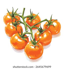 A cluster of seven orange tomatoes still attached to their green stems and leaves, rendered in a watercolor style with visible brushstrokes.