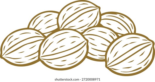 A cluster of shelled walnuts drawn with textured lines and warm tones.