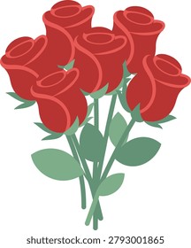 Cluster of six red roses with green stems and leaves, isolated