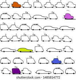 A cluster of small cars. Several objects are painted in different colors.