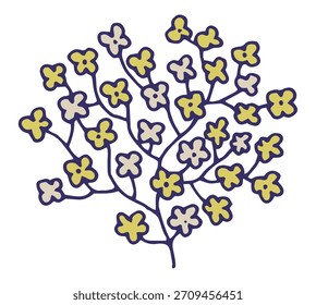 Cluster von kleinen dekorativen Blumen in einfachem handgezeichneten Stil, einzeln auf weißem Hintergrund, Vektorgrafik perfekt für Muster und florale Kompositionen.
