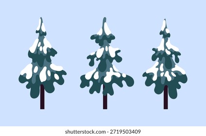 A cluster of snow-covered spruce trees with soft rounded branches, subtle shadows and a cool minimalist winter palette for cozy holiday or nature-themed vector designs